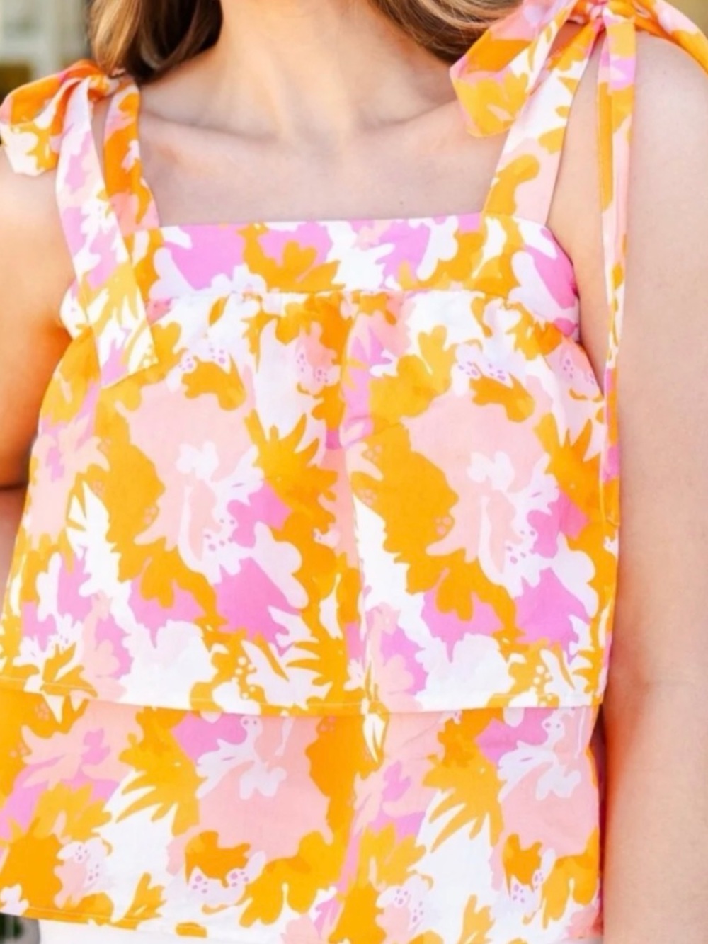 Perfect Summer Top Floral Tie-Shoulder Tiered Top - Pink & Orange